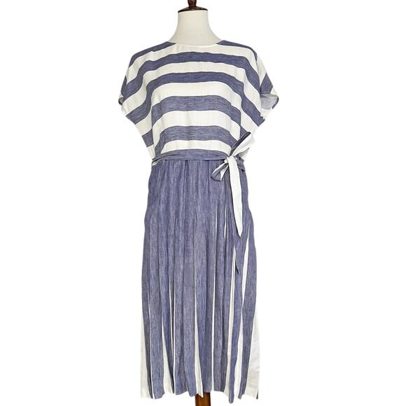 Hobbs London Women's Blue & White Striped Aria Pleated Linen Midi Dress Size‎ 10 - Picture 4 of 11